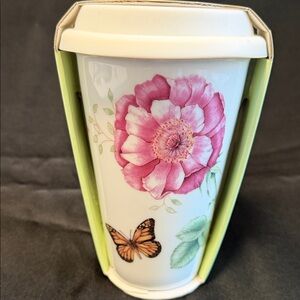 LENOX Butterfly Meadow Double Wall Ceramic Thermal Travel Mug with Silicone Lid